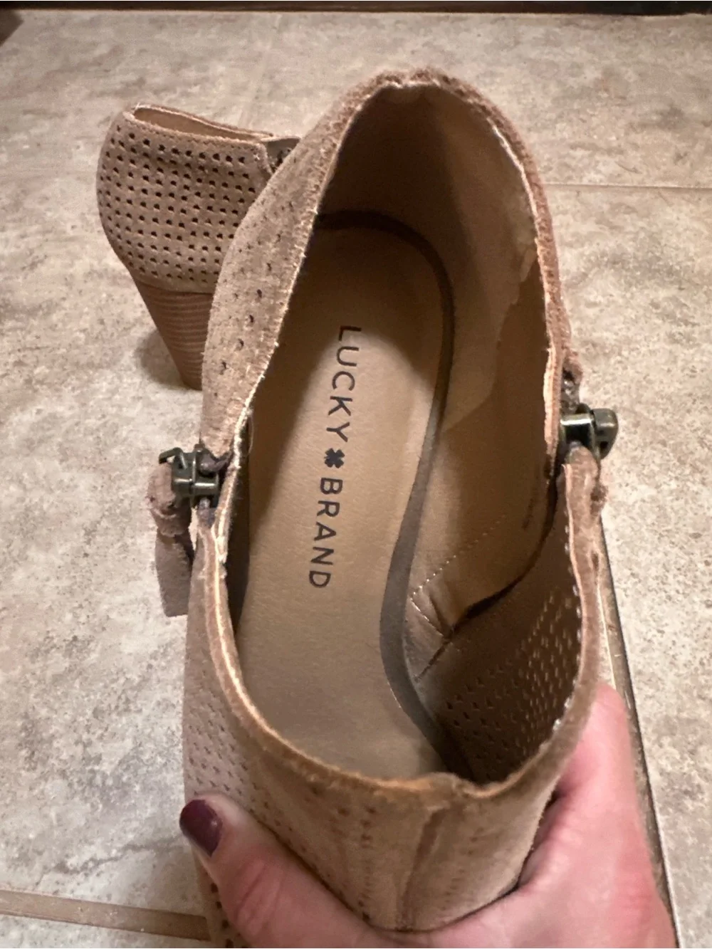 Lucky Brand Taupe Perforated Suede Wedge Booties with Side Bow